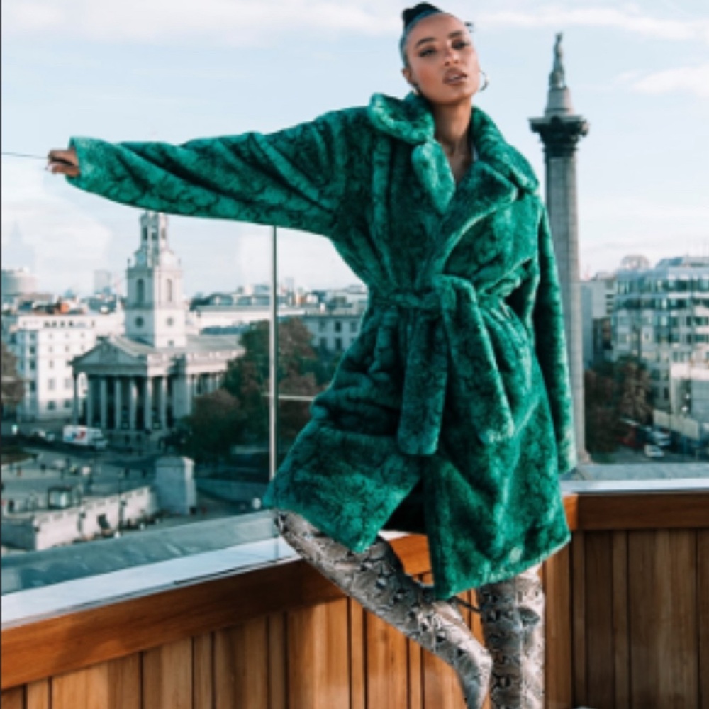 PrettyLittleThing 	
 
Green Snake Print Faux Fur Maxi Coat